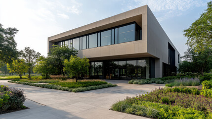 Modern corporate headquarters surrounded by lush greenery and landscaped gardens, showcasing