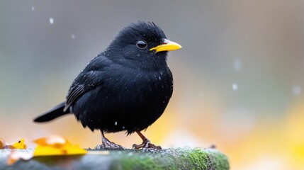 Obraz premium Blackbird perched on stone in winter