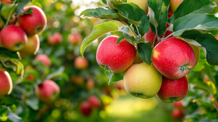 Fresh apples hanging on branches in orchard, showcasing vibrant red and green colors. sunlight filters through leaves, creating warm and inviting atmosphere