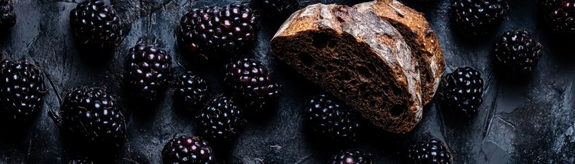 Fototapeta premium Brown Bread Slice Surrounded by Fresh Blackberries on Dark Surface