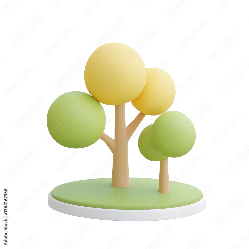 Poster Abstract 3D tree icon with a minimalist stylized design featuring smooth spherical foliage and clean cylindrical trunks on a simple white platform background