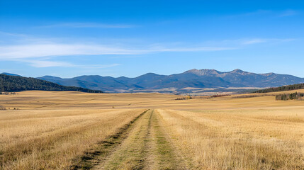 Obraz premium Expansive Golden Wheat Field Under Bright Blue Sky with Distant Mountain Range and Dirt Path in Sunlight