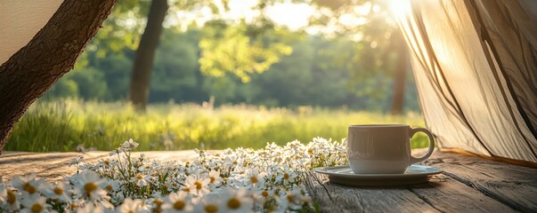 Obraz premium A serene outdoor scene with a cup of coffee and flowers, framed by natural light.