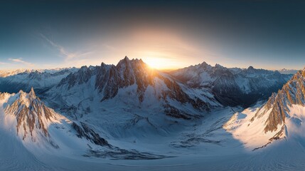 Obraz premium A breathtaking panoramic view of snow-capped mountains at sunrise, highlighting natural beauty.