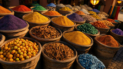 Vibrant Display of Colorful Spices and Dried Ingredients in Traditional Market Baskets