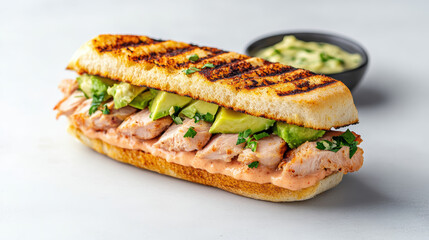 gourmet sandwich featuring grilled chicken, avocado, and creamy sauce, perfect for delicious