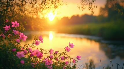 Obraz premium A serene sunset reflecting on a river, surrounded by blooming pink flowers.