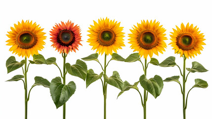 Naklejka premium Five Sunflowers in Varying Shades of Yellow and Orange on White Background Featuring Green Leaves and Stems
