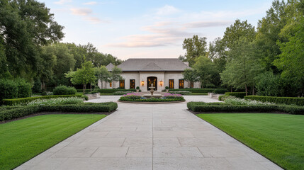 Obraz premium Luxurious mansion with grand entrance surrounded by lush greenery and manicured gardens