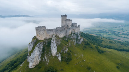 Majestic medieval castle on hilltop surrounded by misty mountains and lush greenery