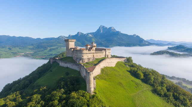 Majestic medieval castle on hilltop surrounded by lush greenery and misty mountains - Powered by Adobe