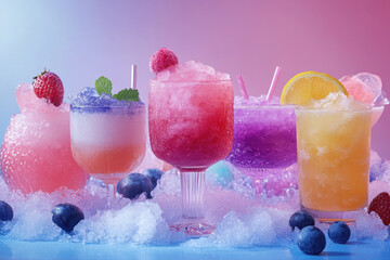Three colorful cocktails: vibrant red, green, and yellow, each topped with ice and fresh berries, displayed on a wooden table, inviting and refreshing.