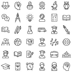 Education and Learning Icons Set – Academic Tools, Student Life, Online Classes, Knowledge Development, Science, Creativity, School Elements, Achievement, Research, and Study