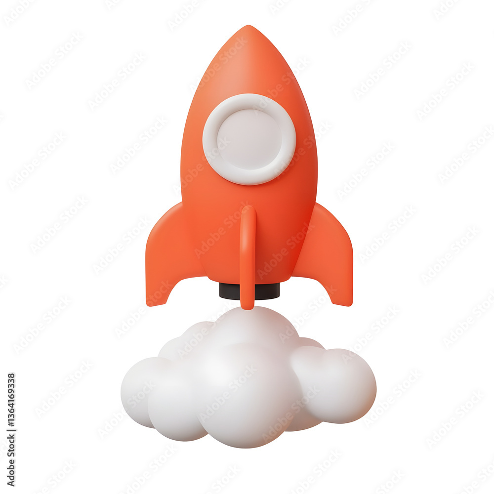 Poster A simple geometric 3D render of a compact red rocket spacecraft blasting off from a cloud formation against a clean transparent background
