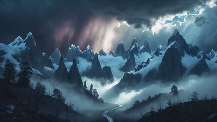 Majestic snow-capped mountains under a stormy sky. Dramatic landscape view