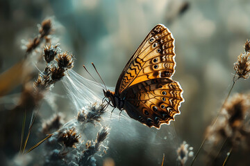 Obraz premium Captivating close-up of a beautiful butterfly resting on a delicate plant