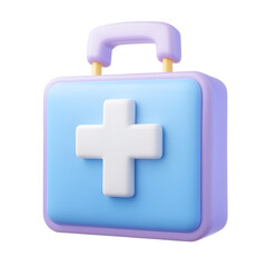 Obraz premium Minimalist 3D of a pastel blue and white medical supply bag featuring a centered white cross icon designed in a clean and simple user interface UI style