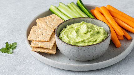 Creamy guacamole served with fresh vegetables and crispy crackers creates delightful snack