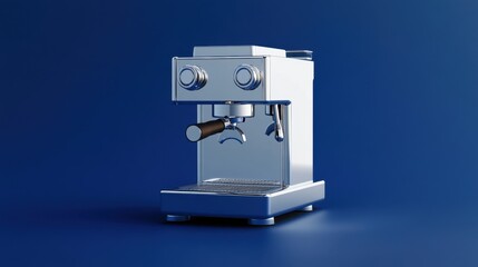 Fototapeta premium A high-tech espresso machine with a chrome finish, set against a deep blue backdrop.