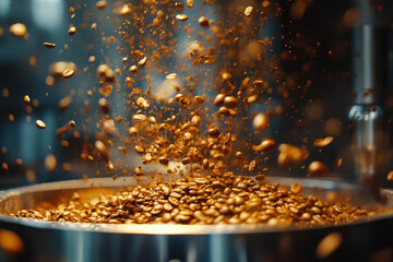 Coffee beans cascading into a pot below, creating a mesmerizing moment of impact and aroma in a rustic kitchen setting.