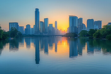 Fototapeta premium A stunning golden hour city skyline with modern skyscrapers reflecting on a tranquil river.