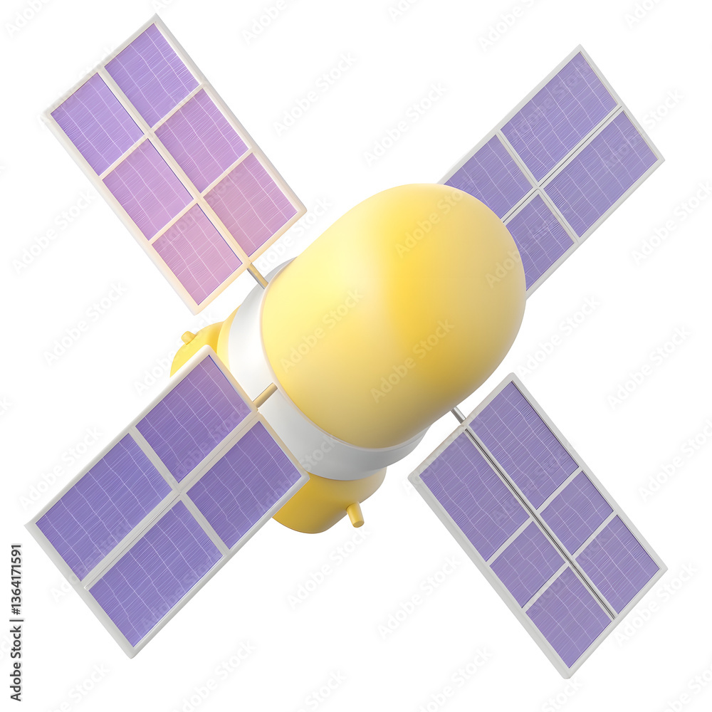 Aufkleber Minimalist 3D render of an orbiting satellite featuring a parabolic communication dish and extended solar panel wings representing technology space digital communication