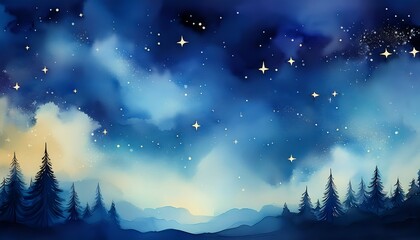Fototapeta premium A tranquil night scene featuring a starry sky above silhouetted pine trees against a gradient of blue and soft cloud patterns.