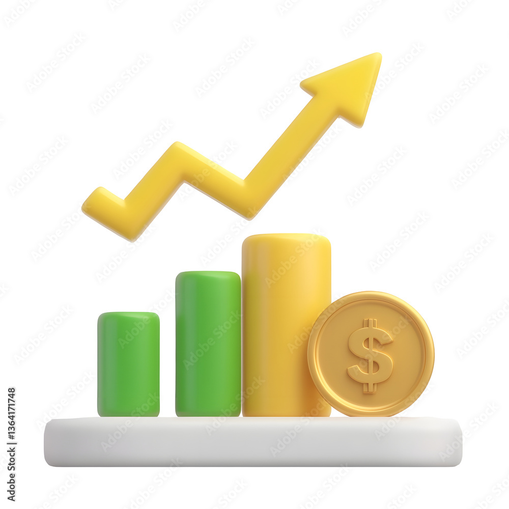 Fototapete A 3D financial graph displaying an upward trending chart with a diagonal growth arrow and a golden dollar coin icon symbolizing business success revenue growth and profitable investment strategies