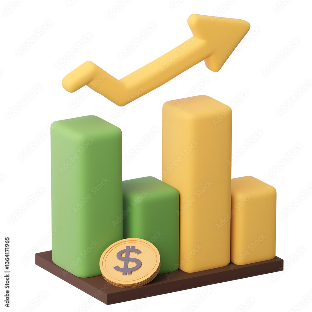 Poster colorful 3d financial market chart with growing bar indicators and a strong trend arrow highlighting