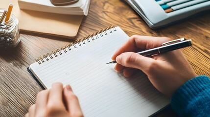 A person is writing in a spiral notebook on a wooden desk