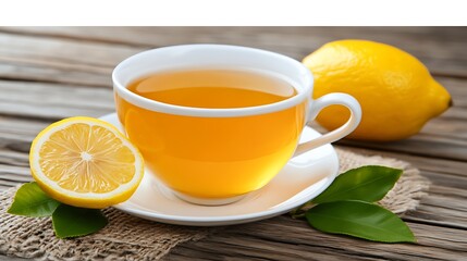 Cup of lemon tea with lemon slices and leaves on wooden table.