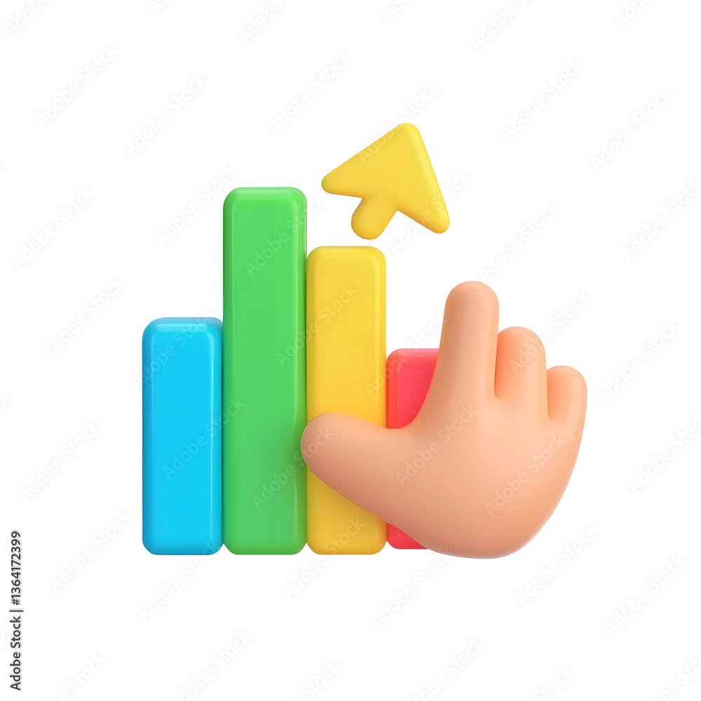 Fototapete A 3D rendered image of a hand made of colorful shapes supporting an ascending bar chart with an upward pointing arrow symbolizing business growth progress and success
