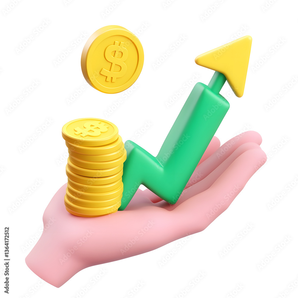 Aufkleber a 3d rendering of a green and yellow bar chart showing an upward trend with stacked gold coins place