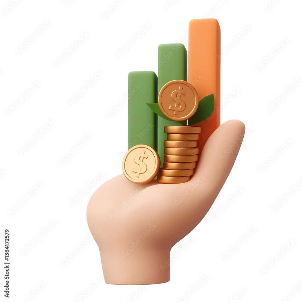 Poster A 3D icon depicting increasing financial growth and investment success through a bar chart and stacked coins held in a raised hand