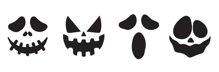 Vector Ghost Face, icon. Simple scary Halloween horror pumpkin face icon, silhouette set. Devil, Ghostface. 