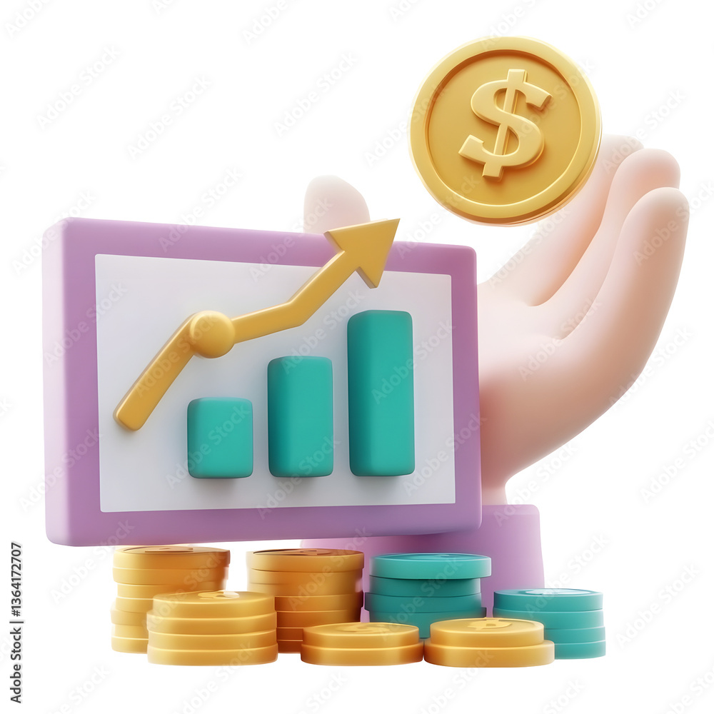 Aufkleber An abstract 3D icon depicting the visualization of financial data including a bar chart dollar coins and a hand representing the analysis of business performance and growth