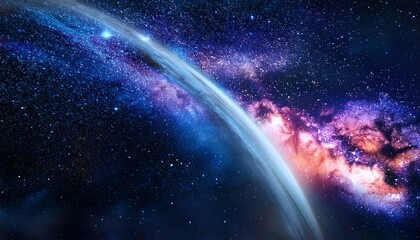 Obraz premium A stunning cosmic scene showcasing a vibrant galaxy with swirling colors and countless stars against a dark backdrop.