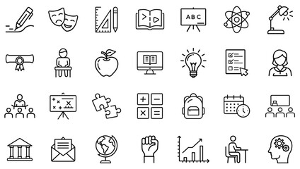 Modern Education and School Essentials Icons Set – Learning Tools, Online Study, Science, Exams, Creativity, Academic Planning, Class Activities, Subjects, Knowledge, and Achievement Outline Icons