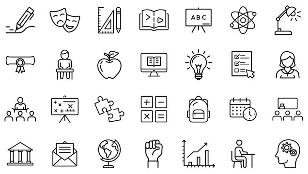 Modern Education and School Essentials Icons Set – Learning Tools, Online Study, Science, Exams, Creativity, Academic Planning, Class Activities, Subjects, Knowledge, and Achievement Outline Icons