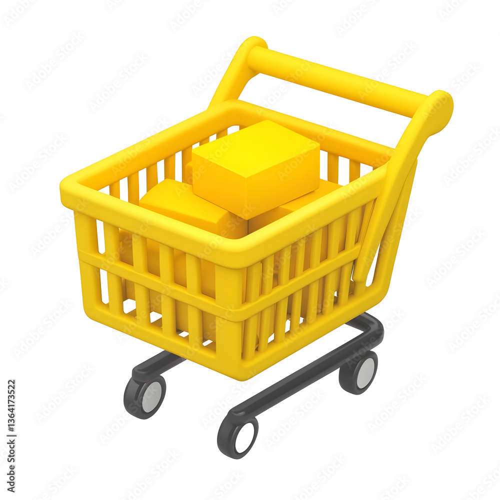 Poster a vibrant yellow plastic shopping cart loaded with various grocery items representing the convenienc