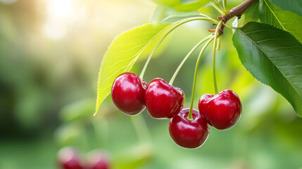 Fresh cherries hanging from branch, surrounded by vibrant green leaves, create delightful and inviting scene. sunlight enhances rich red color of cherries, evoking sense of freshness and summer