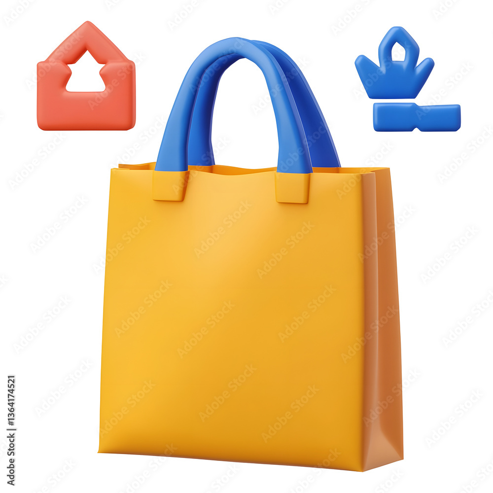 Poster stylized 3d of a yellow plastic shopping bag with geometric shapes and a minimal digital design aest