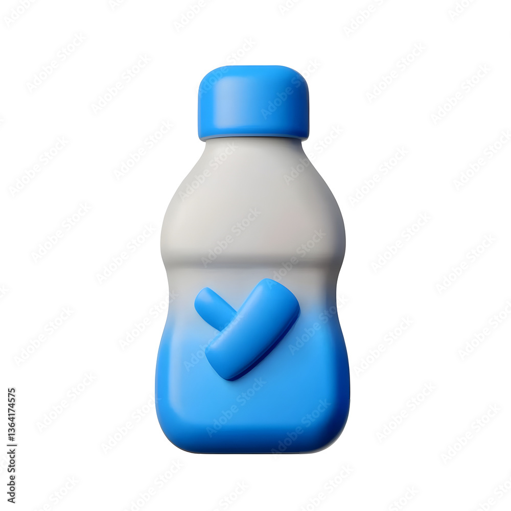 Poster 3D render of a simple white water bottle with a blue cap isolated on a transparent background for use as a minimalist website or app icon