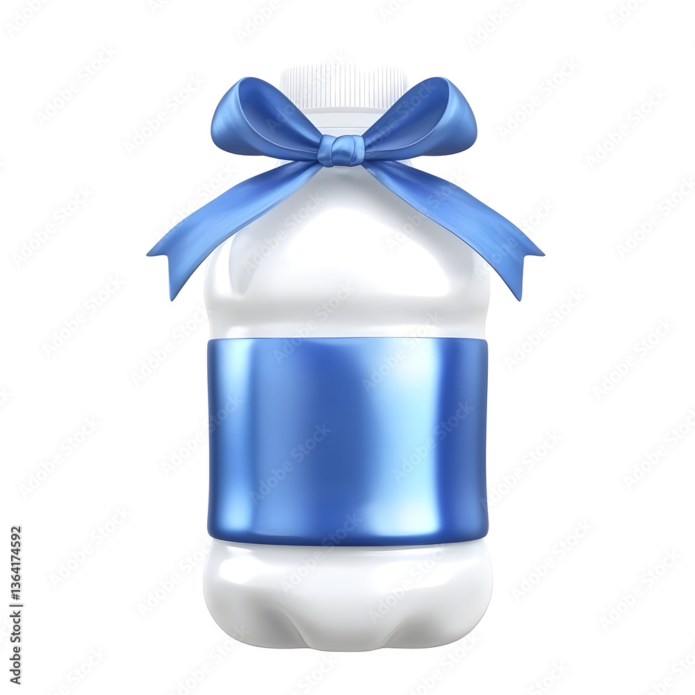 Poster closeup of a sleek minimalist blue water bottle with a shiny ribbon bow set against a clean white ba