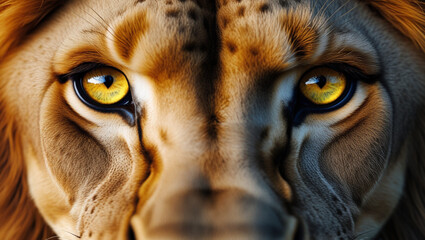 Hyper zoom on a lion's eyes, capturing every detail of its intense gaze