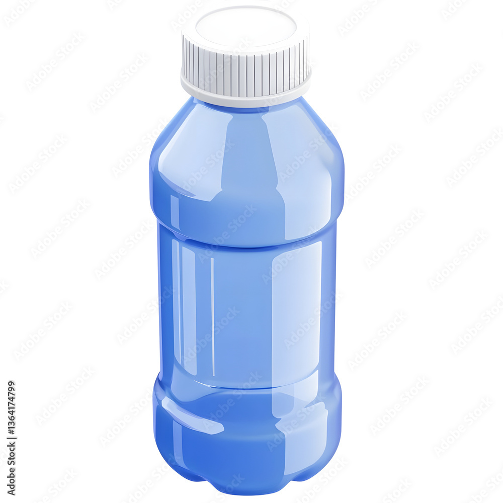 Poster a stylized transparent 3d render of a plastic water bottle on a white background showcasing a simple