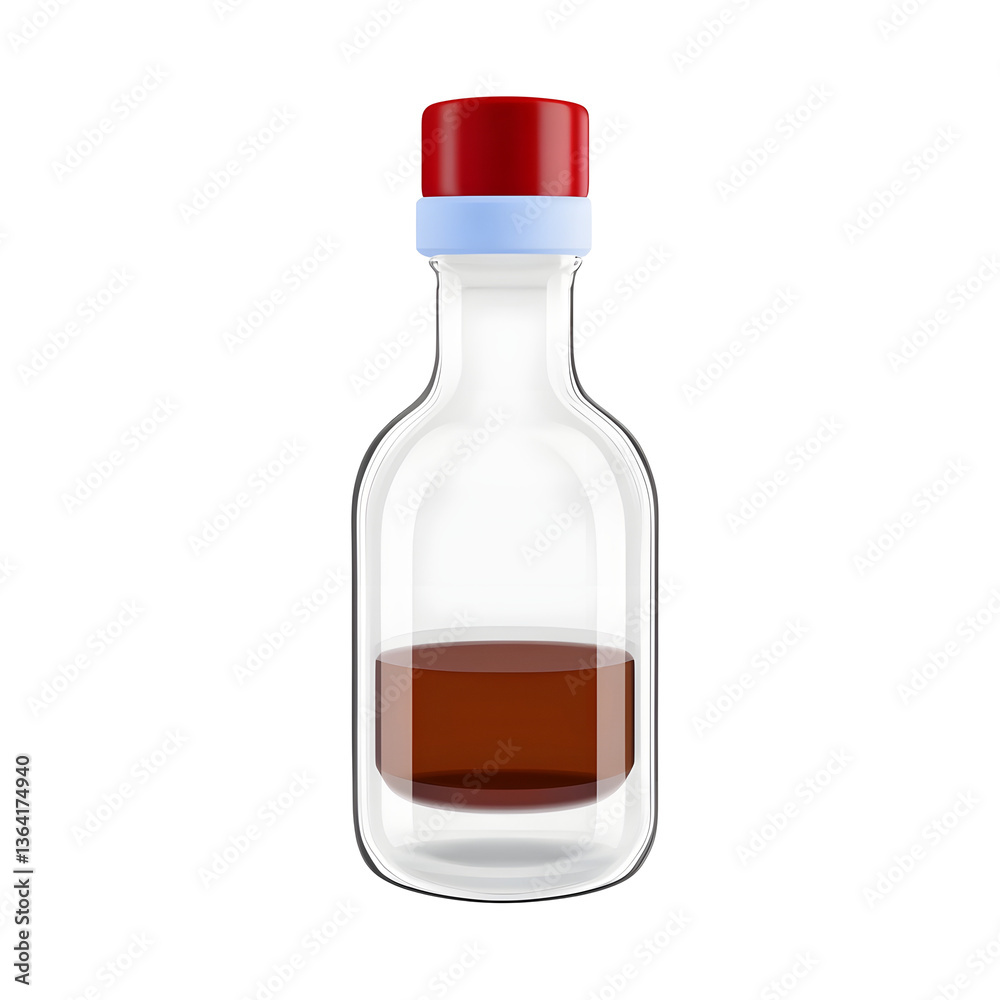 Poster Close up photography of a transparent glass bottle with a red cap used as a minimalist UI icon or product design element against a white background