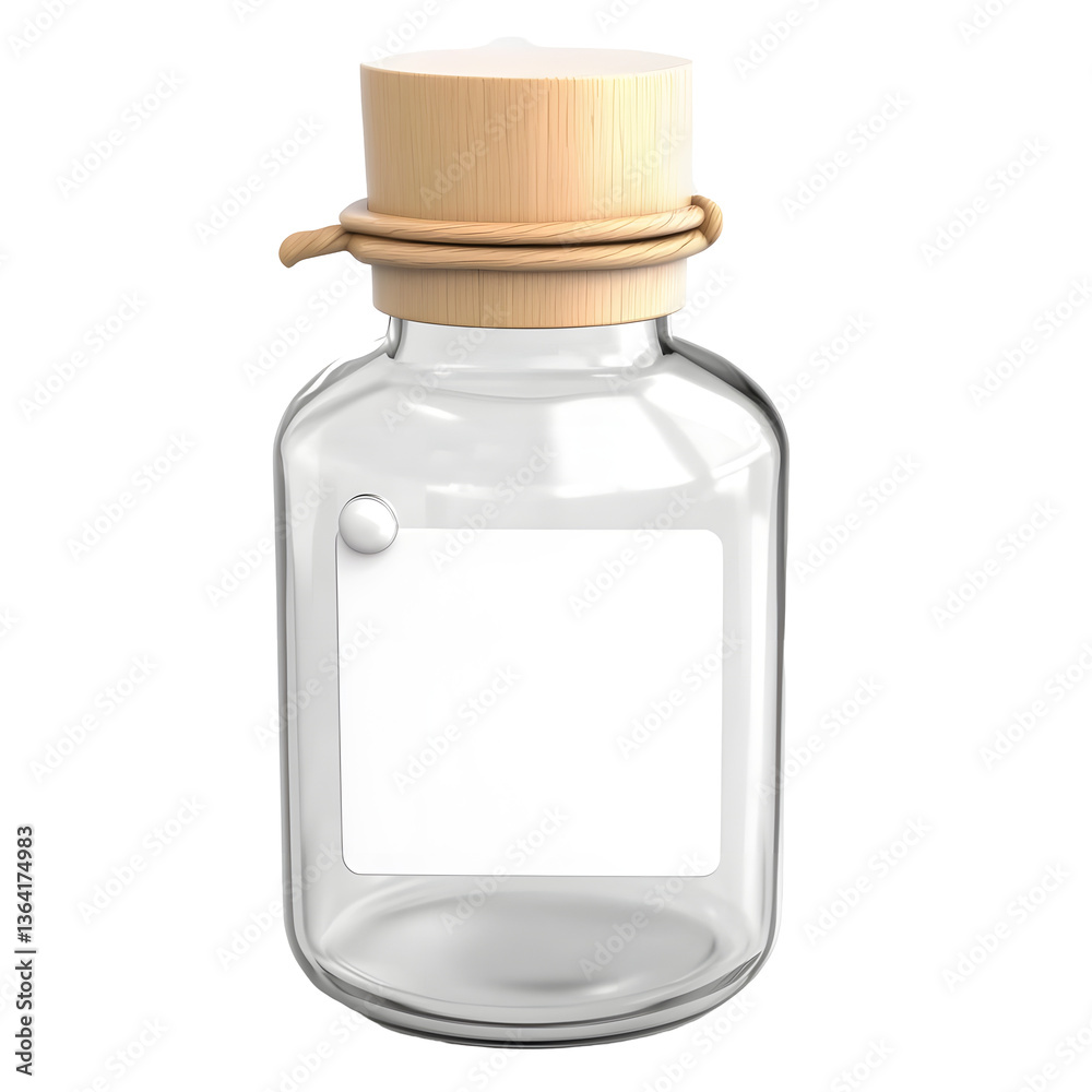 Poster A clean transparent glass bottle with a simple wooden cap used as a minimalist design element or icon for a website or digital interface