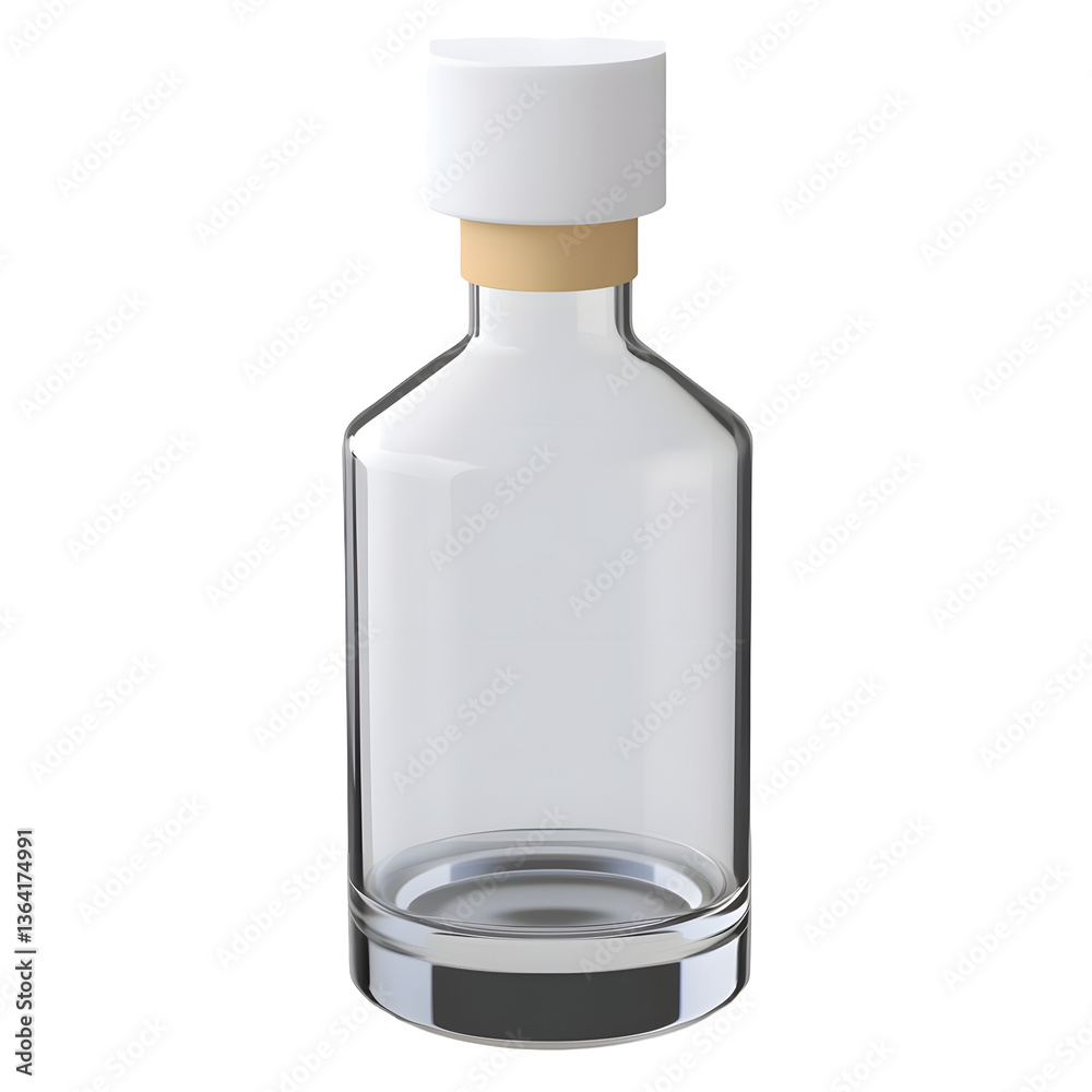 Poster Closeup shot of a transparent glass bottle with a simple white cap used as a clean and minimalist user interface icon for website or application design isolated on a white background