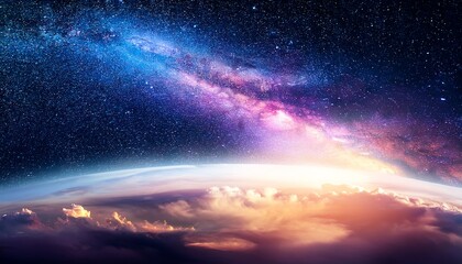 Obraz premium A stunning view of the galaxy with vibrant colors and stars, showcasing the beauty of space above a cloud-covered Earth.